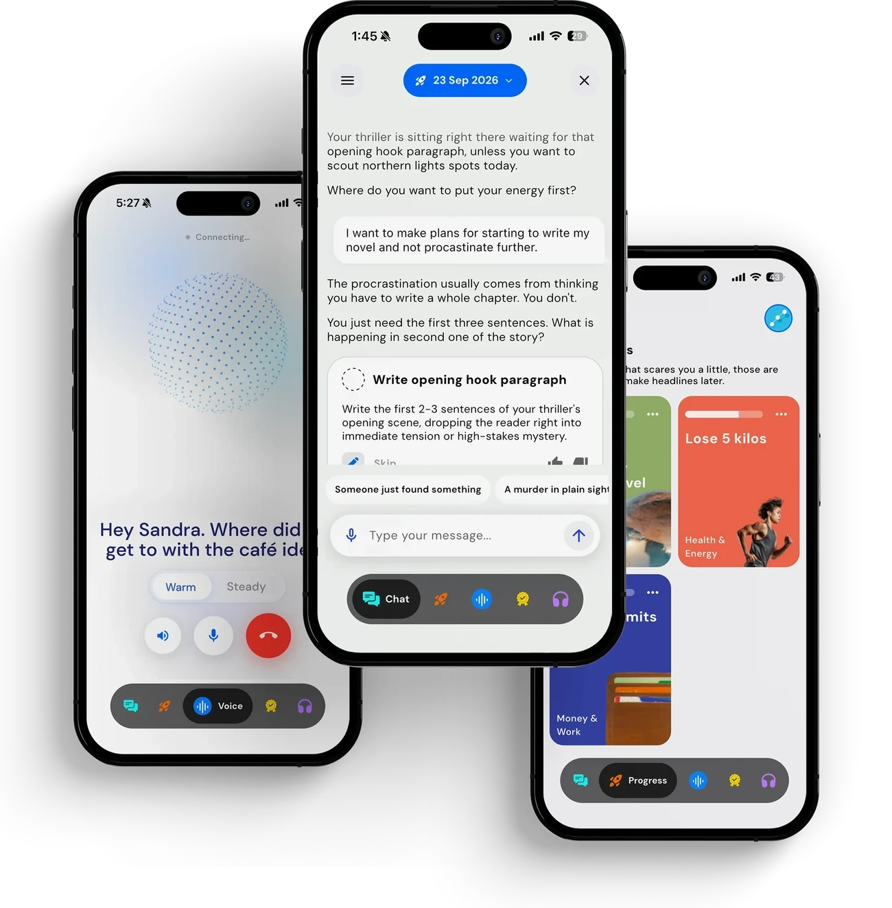 The Unlimits app on three phones: a voice call with the coach, a coaching conversation, and a dream board