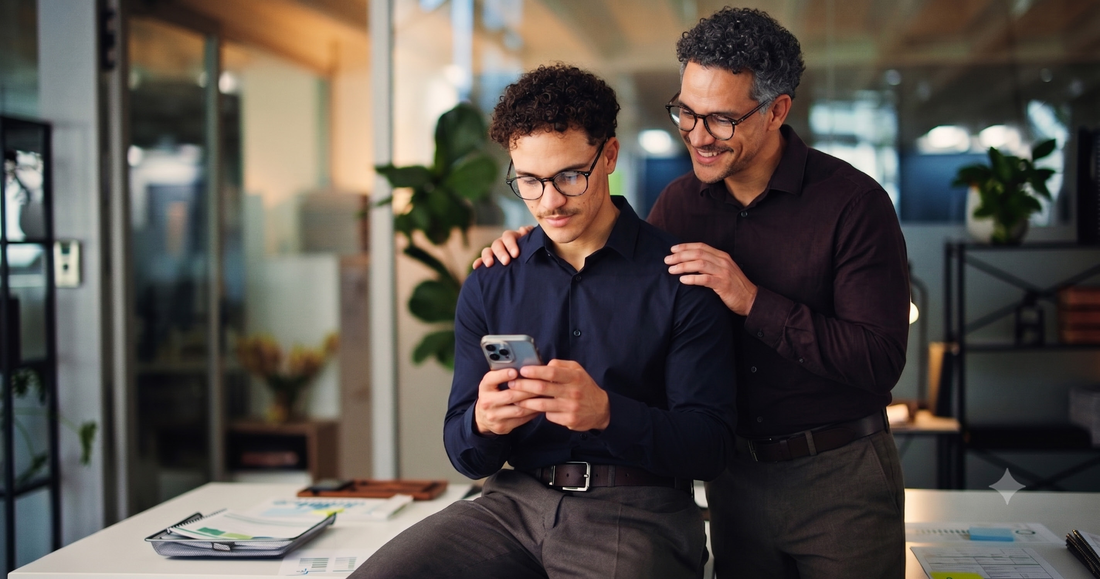 Two colleagues looking at the Unlimits app together