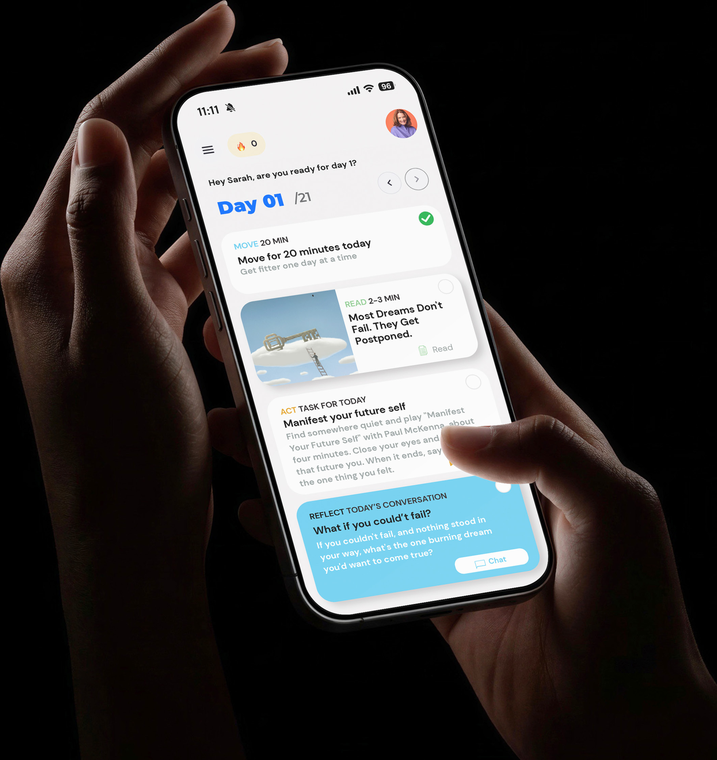 The Unlimits 21 app showing Day 1 of the challenge